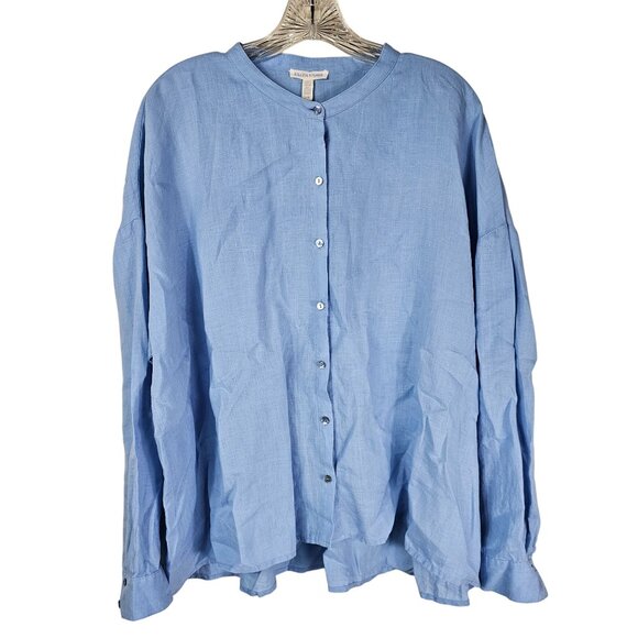 Eileen Fisher Organic Linen Button-Up Shirt L Light Blue Ethical Lagenlook - Picture 1 of 9